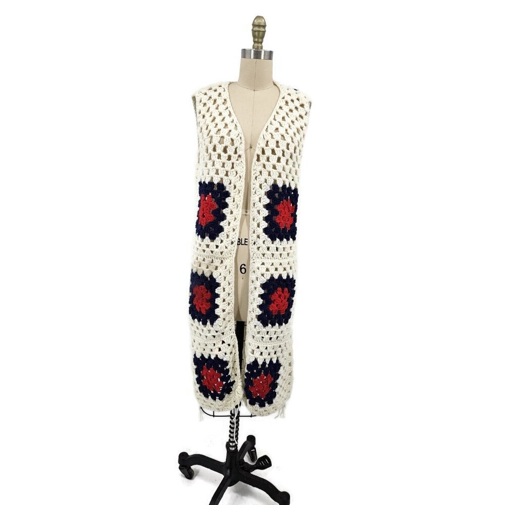 Granny Square Crochet Knit Long Vest Womens L? Red White Blue